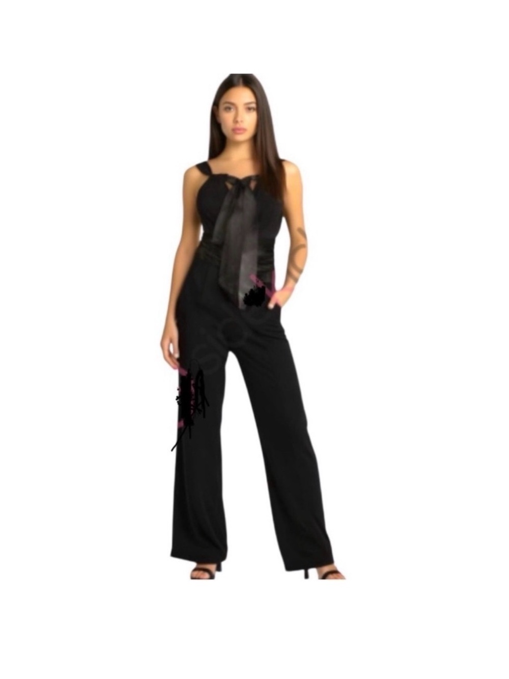 Joseph Ribkoff Black Jumpsuit 14 Wide Leg Hi-Rise Sleeveless Feminine Cocktail